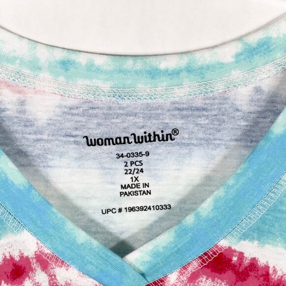 Woman Within Plus Size 1X 22W 24W Top Blue Red Tie Dye Striped V‎ Neck 1652 - Picture 8 of 9